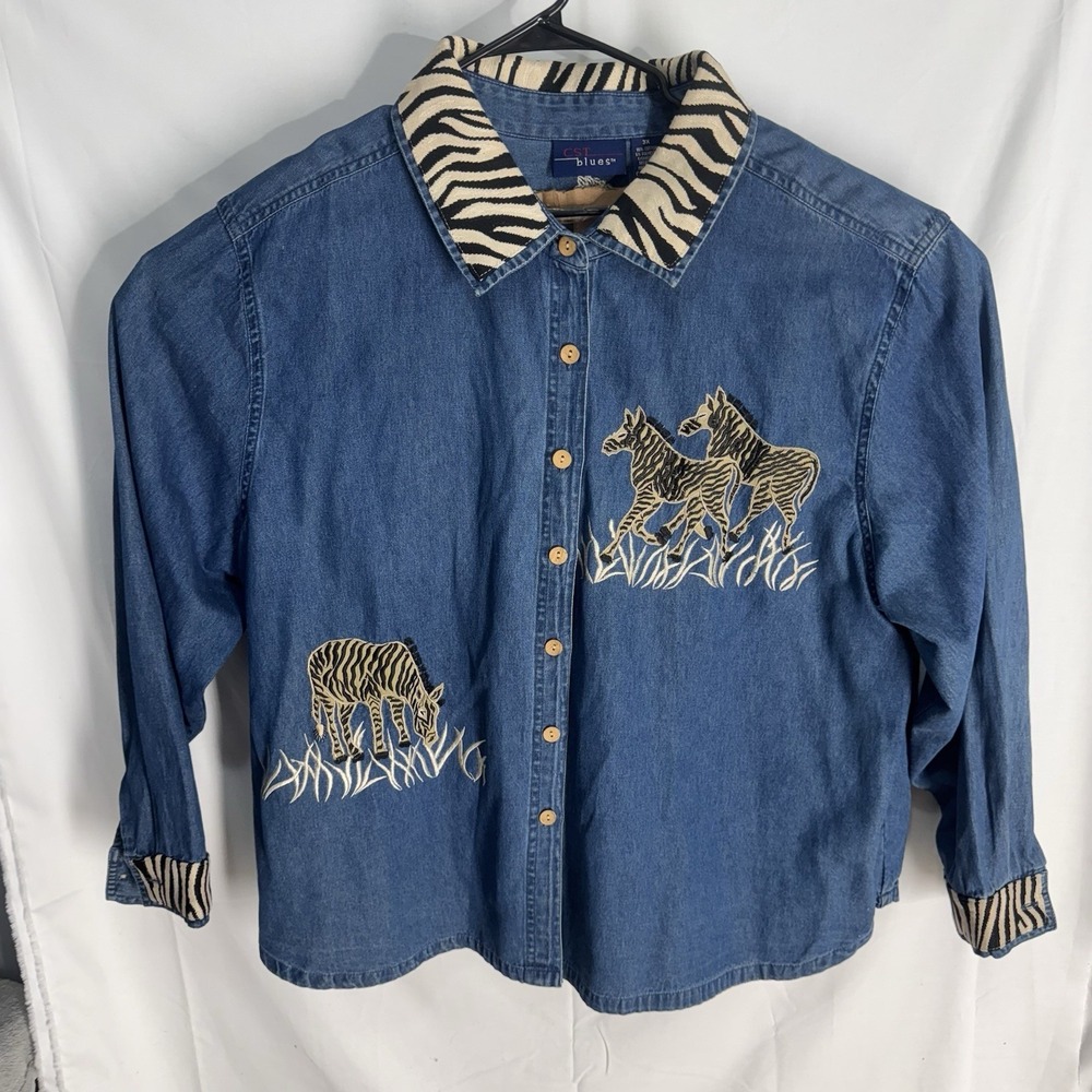Vintage CST Blues‎ Women's Denim Button Up Shirt Wildlife Zebra Safari 3X